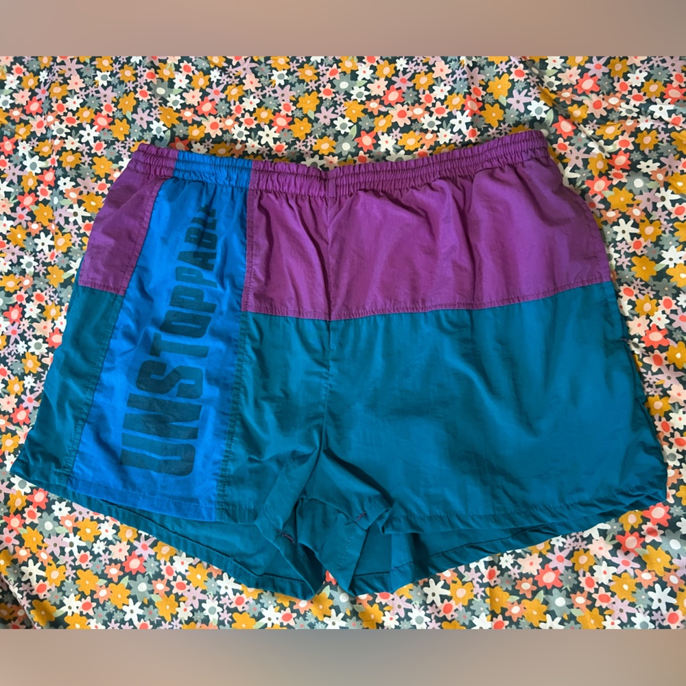 L.A Gear Vintage UNSTOPPABLE Blue and Purple Colorblock Swim Shorts